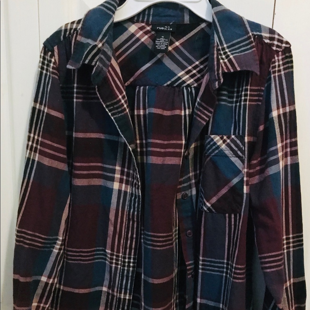 Burgundy, blue and white flannel w/ lace back